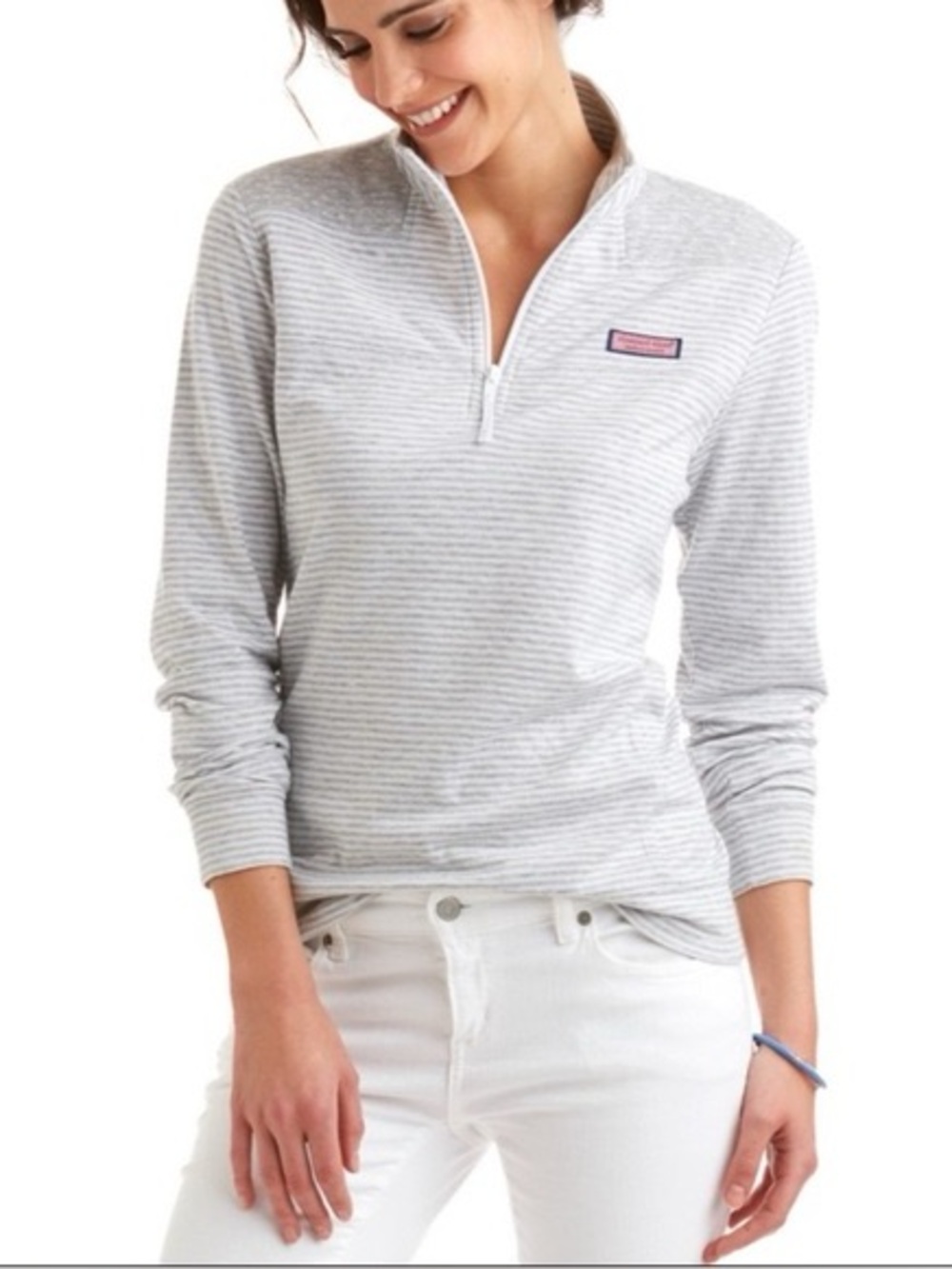 vineyard vines Women's Microstripe Sankaty Half-Zip Pullover in Gray Heather